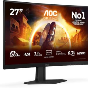 AOC C27G4ZX 27 Full HD (1920 x 1080) 280Hz Curved Screen Gaming MonitorAdaptive Sync Compatible; HDMI DisplayPort; Flicker Free; Blue Light Filter NO WARRANTY
