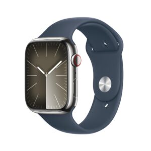 Apple Watch Series 9 GPS+Cell 45mm Silver Stainless Steel Case with Storm Blue Sport Band w/ Blood Oxygen M/L Silver