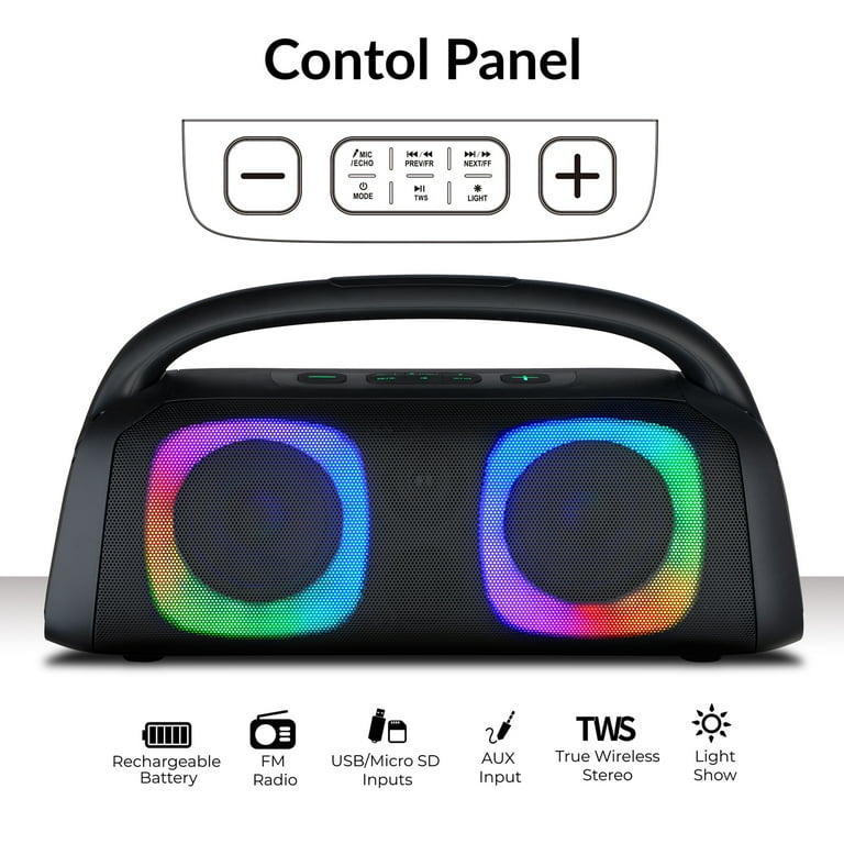 IQ sound Cool 2x3.5 Portable Bluetooth® 5.0 Speaker / Clear Sound & Heavy Bass / Google Assistant and Siri Voice Control / TWS / RGB Panel / IPX5 Water Resistant / Rechargeable / FM Radio / USB / Aux in / Light Show(Must be purchased in packs of 12)