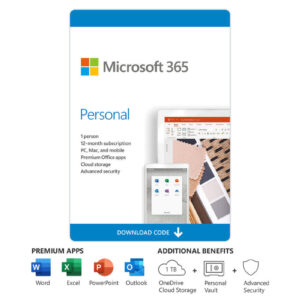 Microsoft 365 Personal 12-Month Subscription 1 person - US ONLY - : Premium Office Apps includes Word / Excel / PowerPoint / Outlook, 1TB OneDrive Cloud Storage, Digital Delivery Only