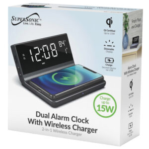 SuperSonic Dual Alarm Clock with Wireless Qi Certified Charging 15W / Dimmable Display / USB Charging Port for 2nd Device / Room Temperature / LED 4 Levels Brigthness (Must be purchased in packs of 10)